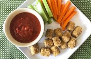 vegetables, cheese tots with dip